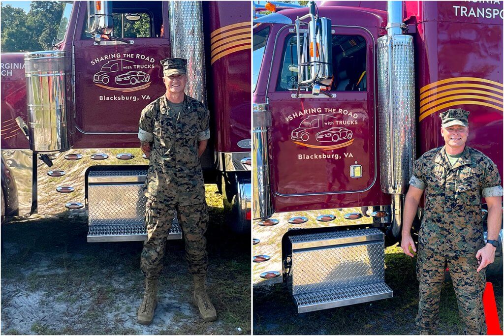 Lt. Col. Kirt Samson (left) and Lt. Col. Matthew Newman (right) posing in front of a semi-truck